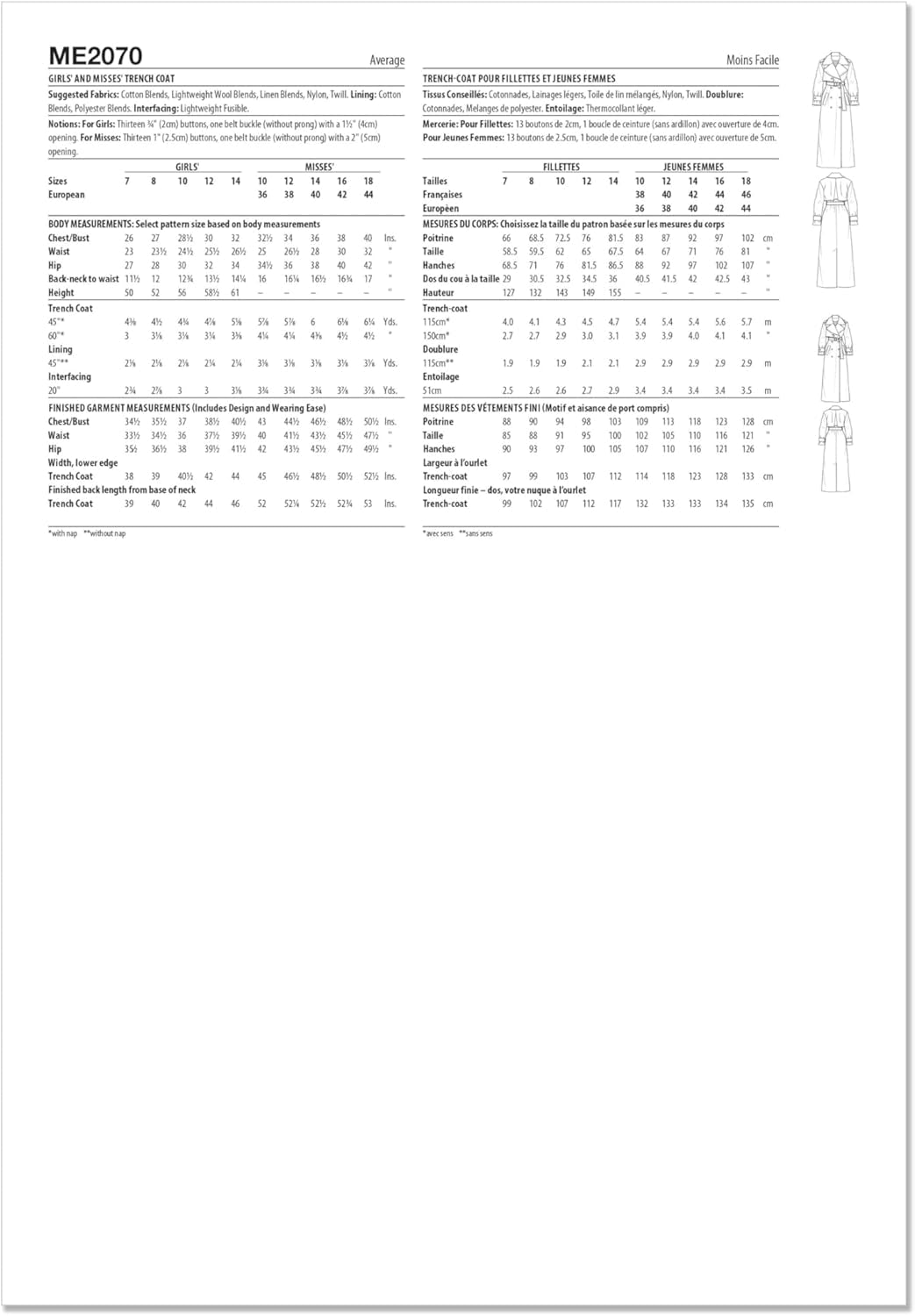 ME2070N5 Misses' Slim Trench Coat Sewing Pattern Packet by Beaute' J'Adore, Design Code ME2070, Sizes 10-12-14-16-18