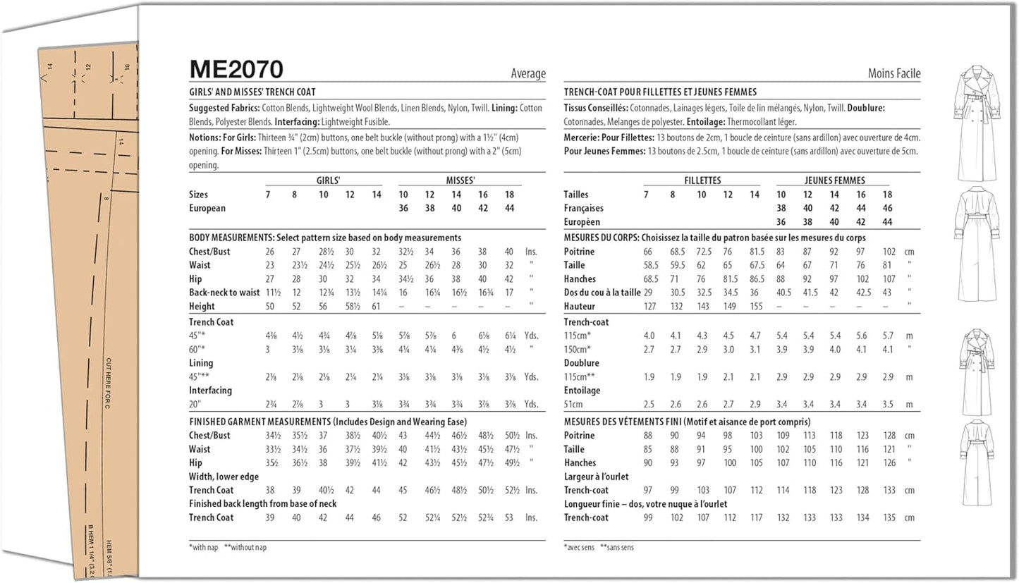 ME2070N5 Misses' Slim Trench Coat Sewing Pattern Packet by Beaute' J'Adore, Design Code ME2070, Sizes 10-12-14-16-18