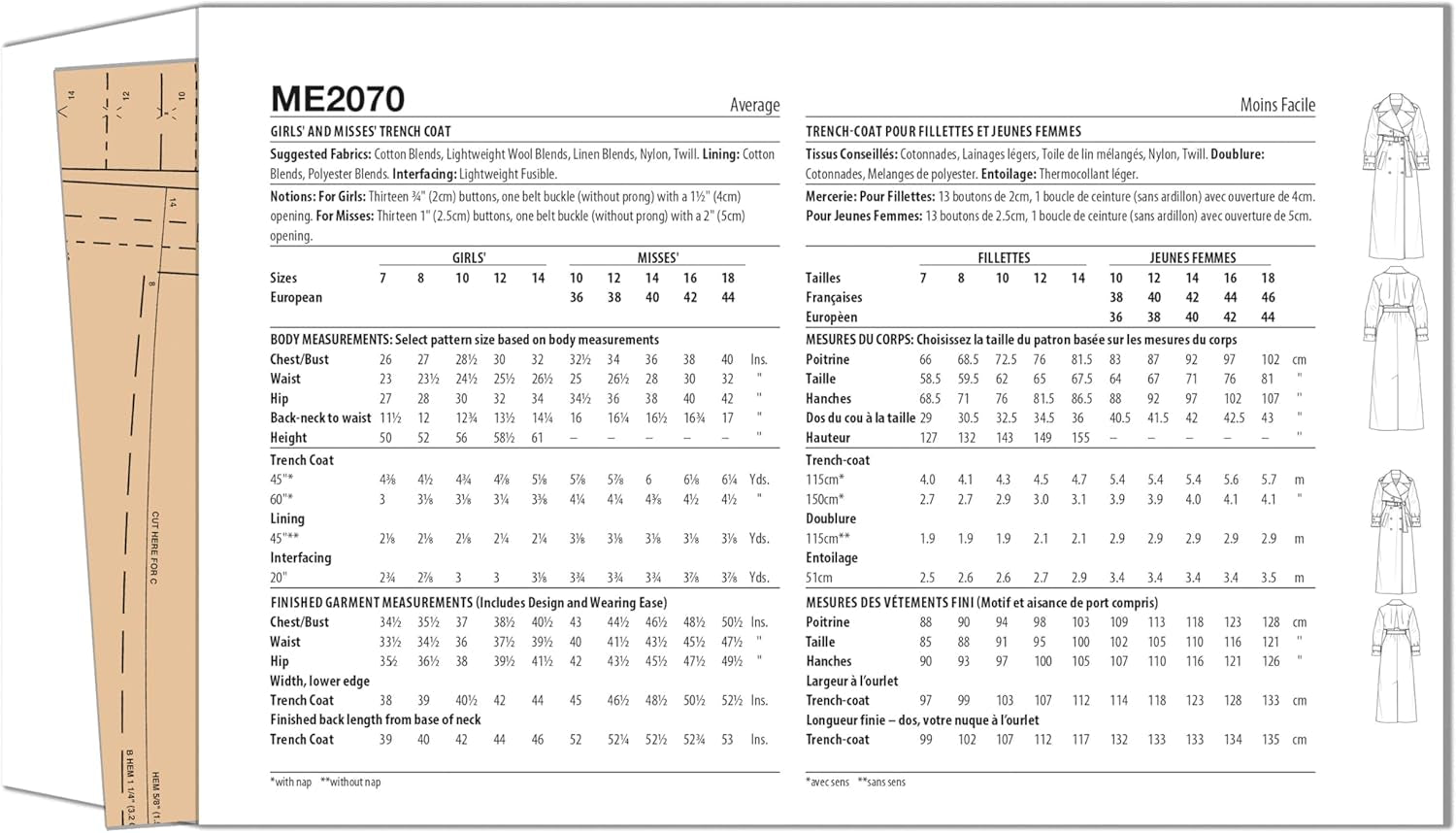 ME2070N5 Misses' Slim Trench Coat Sewing Pattern Packet by Beaute' J'Adore, Design Code ME2070, Sizes 10-12-14-16-18