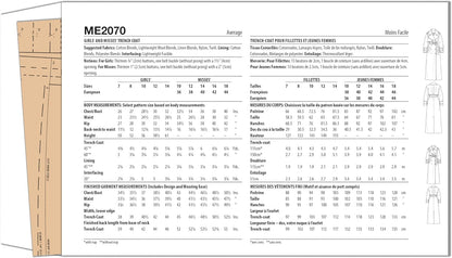 ME2070N5 Misses' Slim Trench Coat Sewing Pattern Packet by Beaute' J'Adore, Design Code ME2070, Sizes 10-12-14-16-18